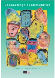 Artwork with many colourful faces