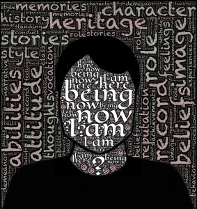 sillouette of mans face with words of identity written on it