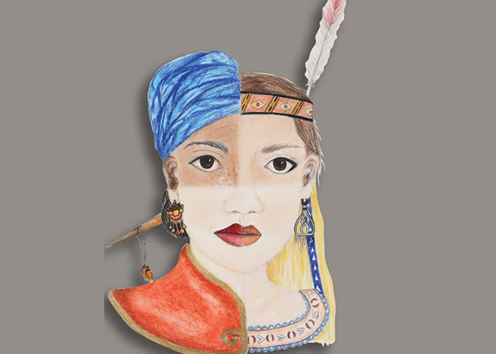 Drawing of a face dressed with head and neckwear from many cultures