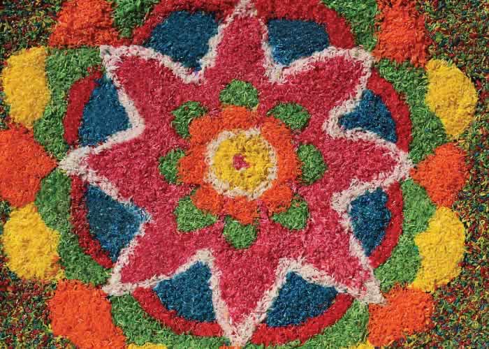 Flower image made from coloured rice