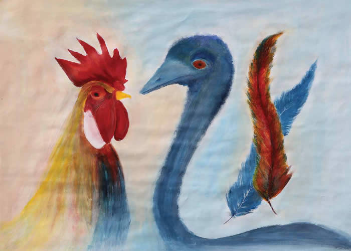 Emu and rooster watercolour