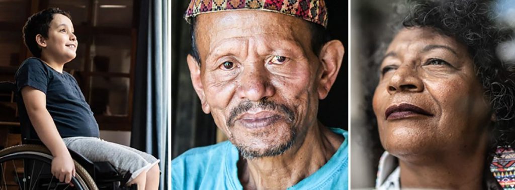 a set of three images of three individuals of different ages from different ethnic backgrounds